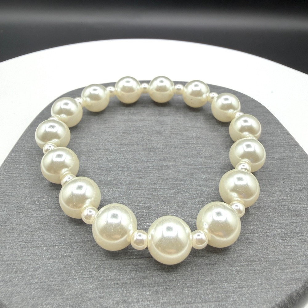 Cream Faux Pearl Bead Stretch Bracelet Large Small Beads Classic Bridal Jewelry